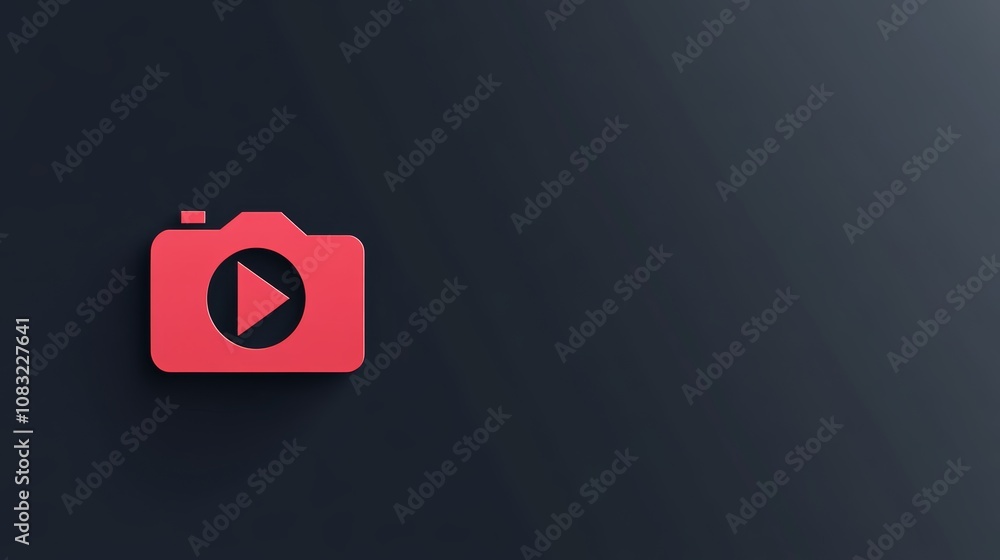 Poster red camera icon with play button on a dark gray background.