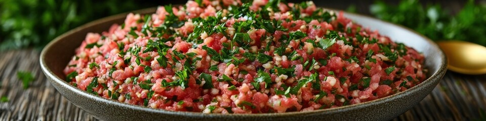 Authentic Lebanese Tabbouleh Salad in Bowl with Fresh Parsley Tomatoes Bulgur Healthy Ingredients Vegan Mediterranean Cuisine Delicious Flavorful Herbs