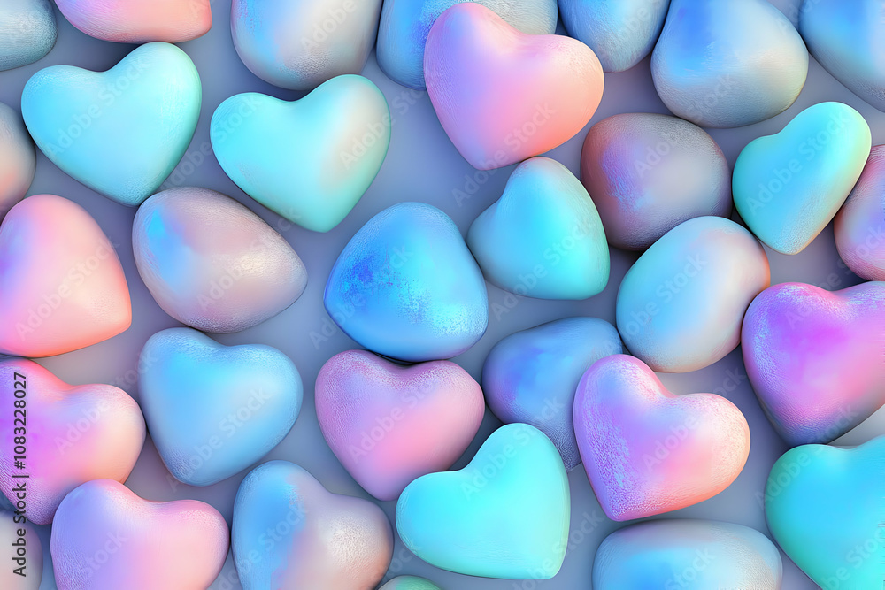 Poster a colorful array of heart-shaped objects in pastel hues, evoking love and affection.
