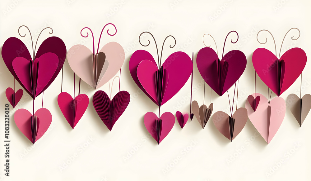 Poster a decorative display of colorful paper hearts in various sizes, creating a festive atmosphere.