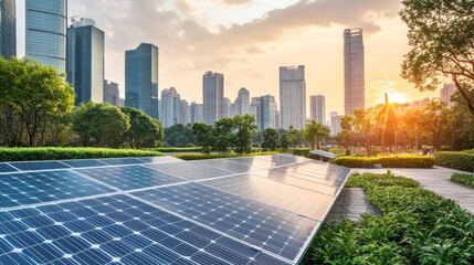 Fototapeta premium Solar panels in a city park with a sunset and skyscrapers in the background.