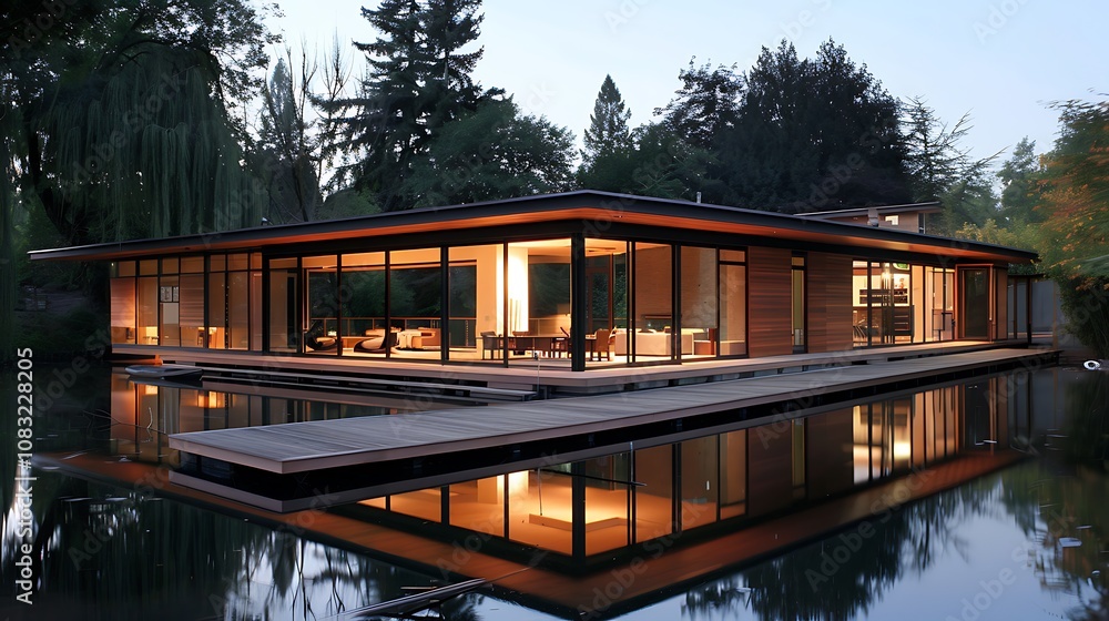 Poster modern house with large windows overlooking a serene pond. the house is surrounded by trees and the 