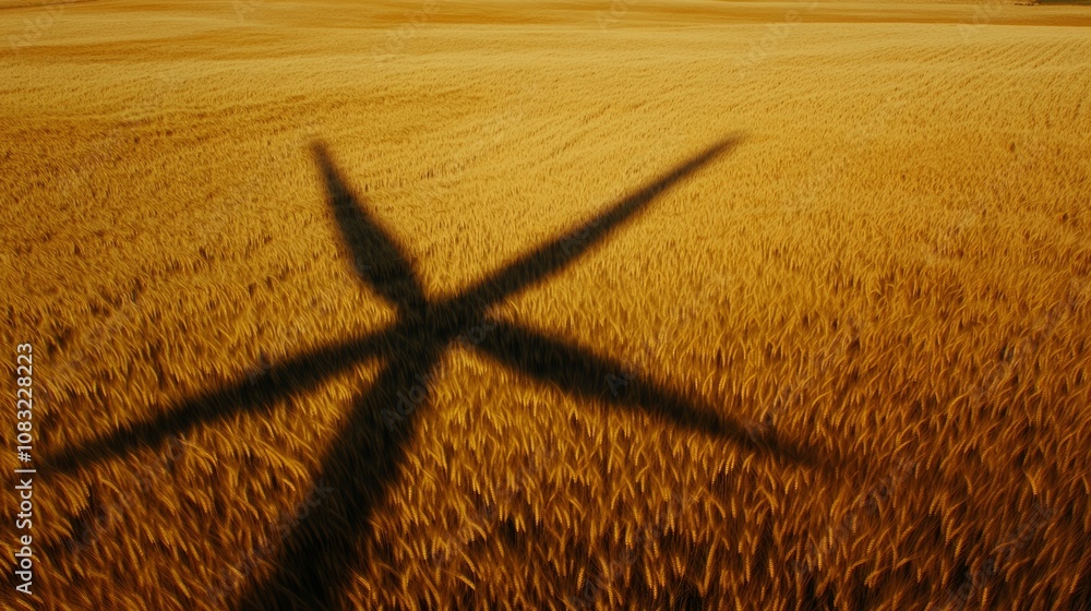 Poster the shadow of a windmill casts a cross shape on a golden field of wheat.