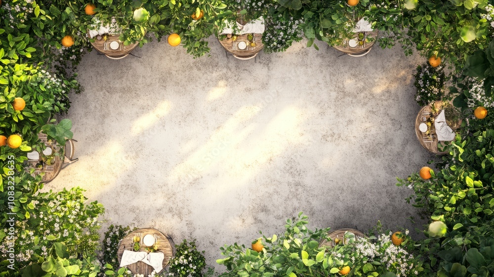 Poster top view of an empty cafe patio with orange trees and tables, perfect for adding your own design.