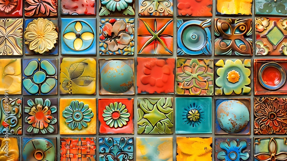 Poster close-up shot of a wall adorned with a colorful array of handmade ceramic tiles, each showcasing uni