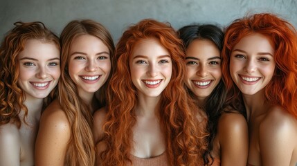 Obraz premium Five women with beautiful, curly red hair stand closely together, smiling joyfully. The soft lighting highlights their features, creating a warm, friendly atmosphere