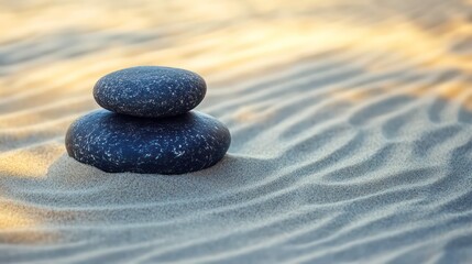 Two smooth, grey stones stacked on top of each other in a zen garden of white sand.