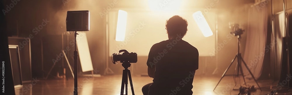 Poster a photographer capturing a scene in a studio with soft lighting and equipment setup.