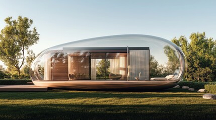 Obraz premium Modern transparent house design emphasizing minimalism and seamless connection with nature, surrounded by lush greenery and a serene landscape in a daylight setting