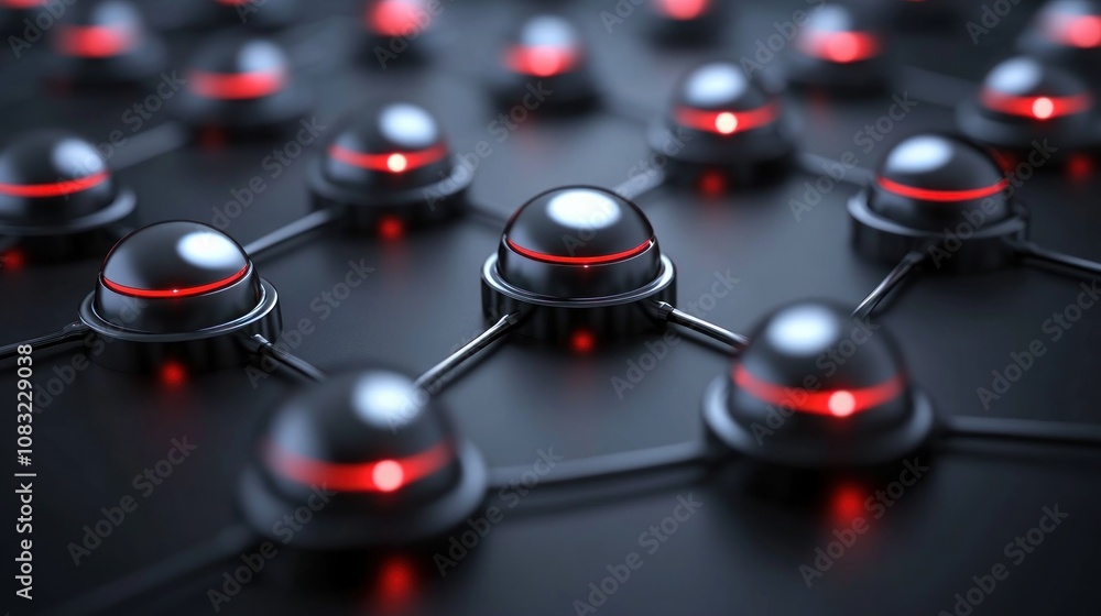 Poster a close-up of interconnected nodes with glowing red accents on a dark surface.