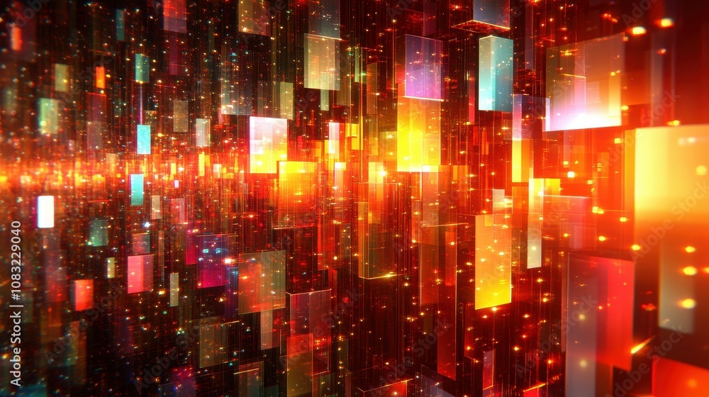 Poster a mesmerizing display of glowing blocks creates a dynamic abstract landscape, featuring vibrant colo