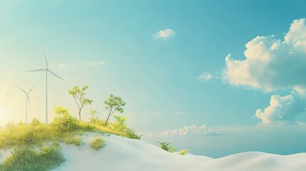 Fototapeta premium Two wind turbines stand on a sandy hill with trees, a blue sky, and fluffy white clouds.