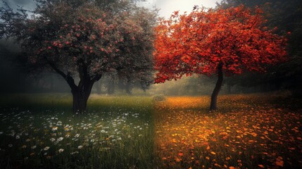 Fototapeta premium Two trees in a field, one with green leaves and one with red leaves, with white and yellow flowers in the foreground.