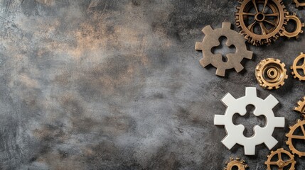 Obraz premium White and gold gears on a dark gray textured background.