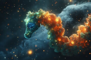 Fototapeta premium Cosmic sea horse shaped nebula glowing with vibrant colors in outer space combining scientific astronomy with imaginative celestial art