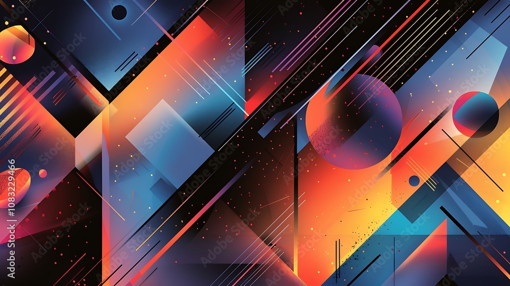 Poster vibrant abstract design composed of geometric shapes and dynamic lines, showcasing a captivating int