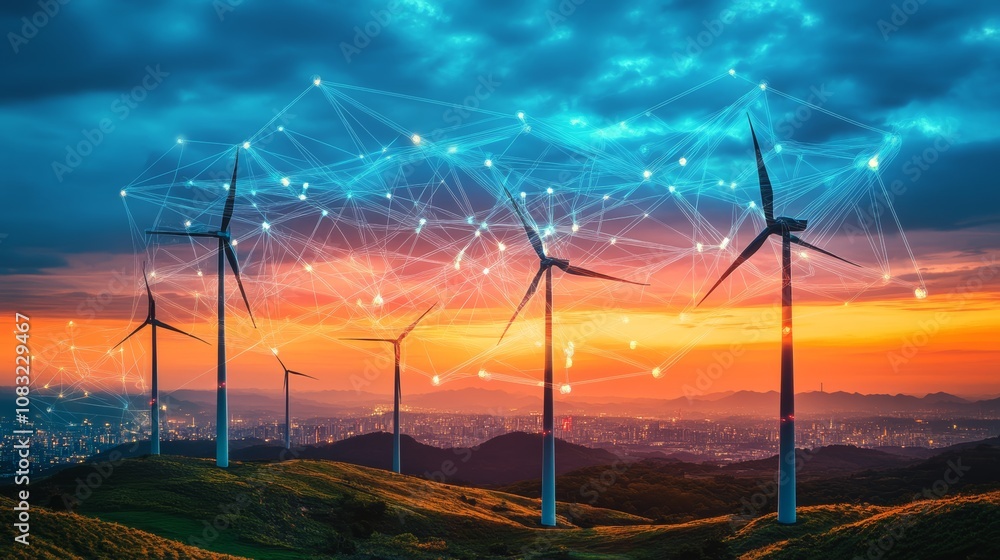 Poster wind turbines on a hilltop at sunset with a glowing network of lines connecting them, representing t
