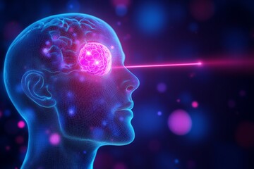 Obraz premium Digital depiction of a human brain emitting glowing light from its center symbolizing cognitive insight mental clarity and the power of thought