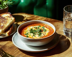 Enjoy a delicious bowl of creamy tomato soup with toast for a perfect meal experience