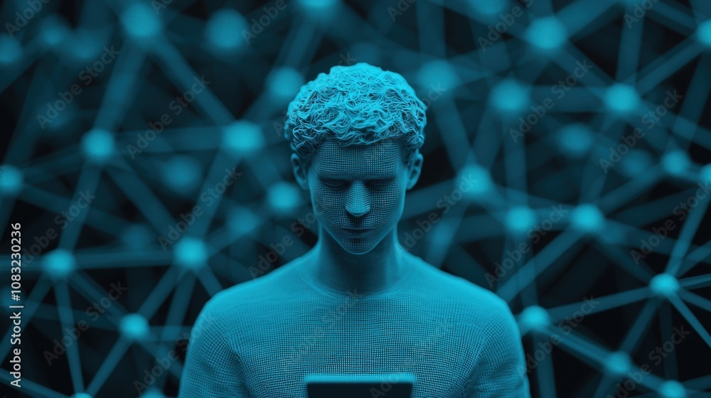 Poster a digital figure with a textured blue surface holds a smartphone, surrounded by a network of nodes, 