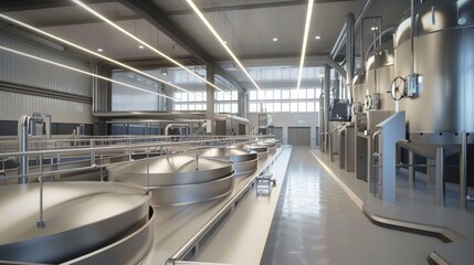 Modern brewery interior showcasing fermentation tanks and processing area during daytime operations