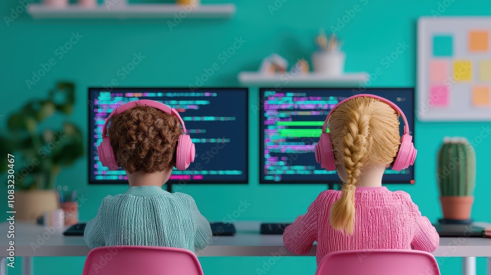 Poster two children sit at computers wearing headphones, engaged in coding. the colorful room features vibr