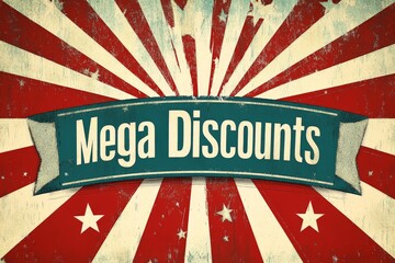 Vintage themed “Mega Discounts” graphic with distressed textures and retro red and beige stripes evoking nostalgia for classic sales promotions