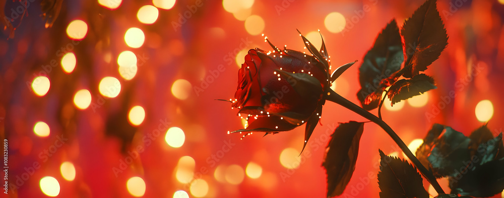 Poster a close-up of a red rose illuminated by soft bokeh lights, creating a romantic atmosphere.