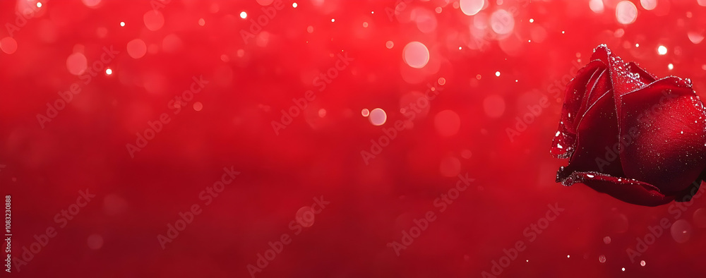 Poster a close-up of a single red rose against a blurred red background with bokeh effects.