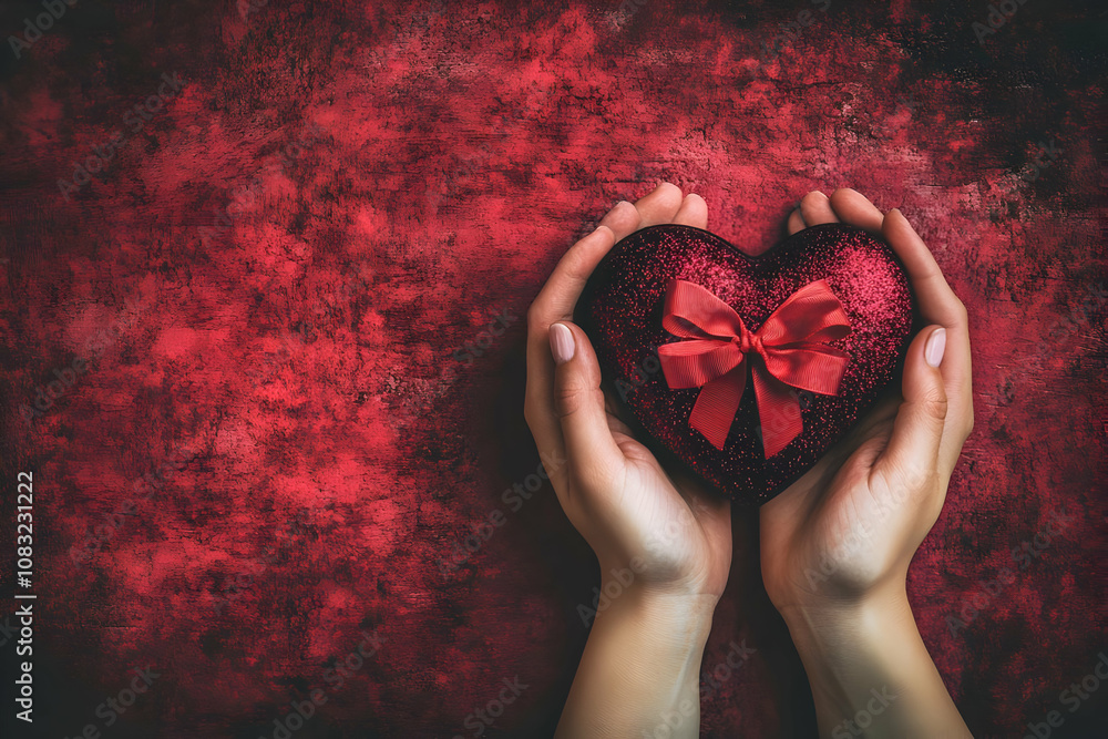 Poster a pair of hands holding a red heart-shaped object with a bow against a textured red background.