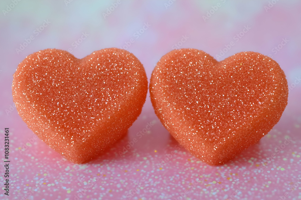 Poster two red heart-shaped candies with a sparkling texture on a soft pink background.