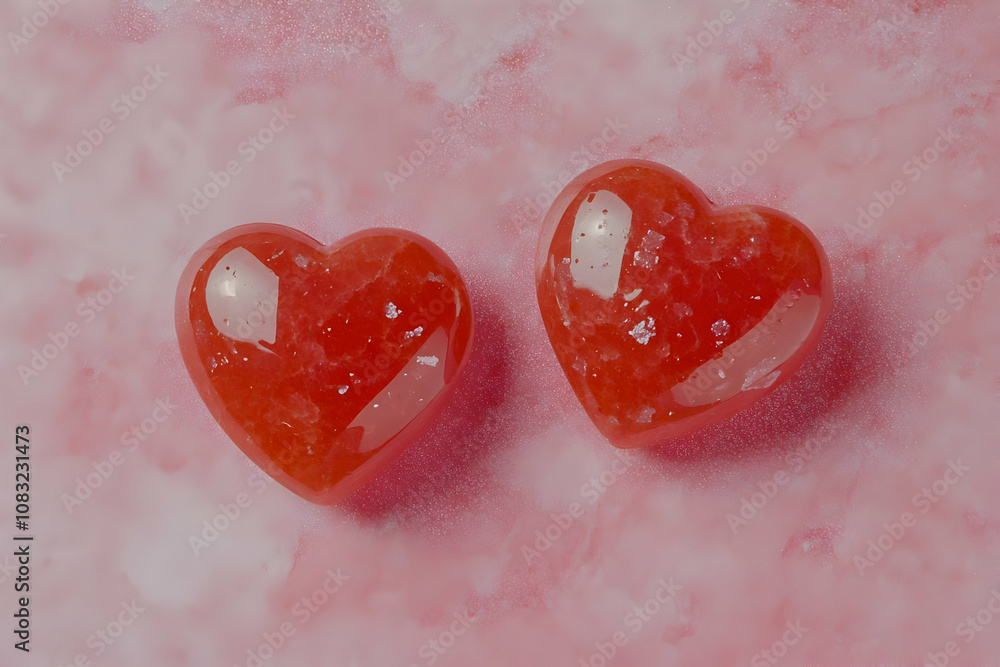 Poster two shiny red heart-shaped objects on a pink background.