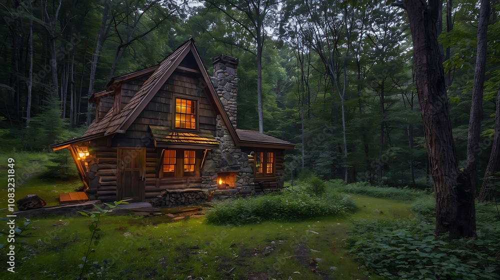 Poster cozy log cabin nestled in a lush forest, bathed in the warm glow of evening light. the cabin's rusti