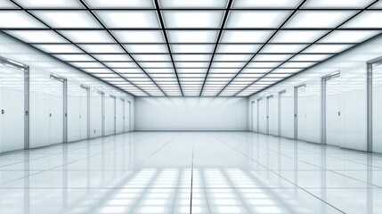 Obraz premium Modern corridor with a sleek design featuring multiple doors and bright fluorescent lighting in a spacious interior