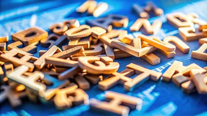 Fototapeta premium A scattering of wooden letters on a vibrant blue surface, bathed in warm sunlight, creating a captivating visual representation of literacy, language, and creativity.