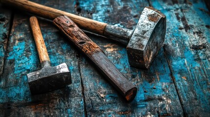 Three vintage hammers with wooden handles laying on a blue wooden table.