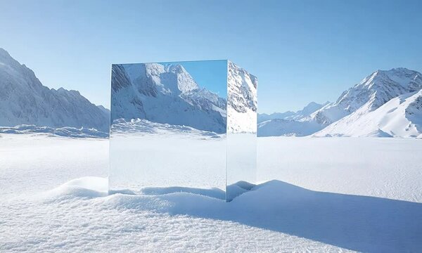 a large mirrored glass cube resting on the snow