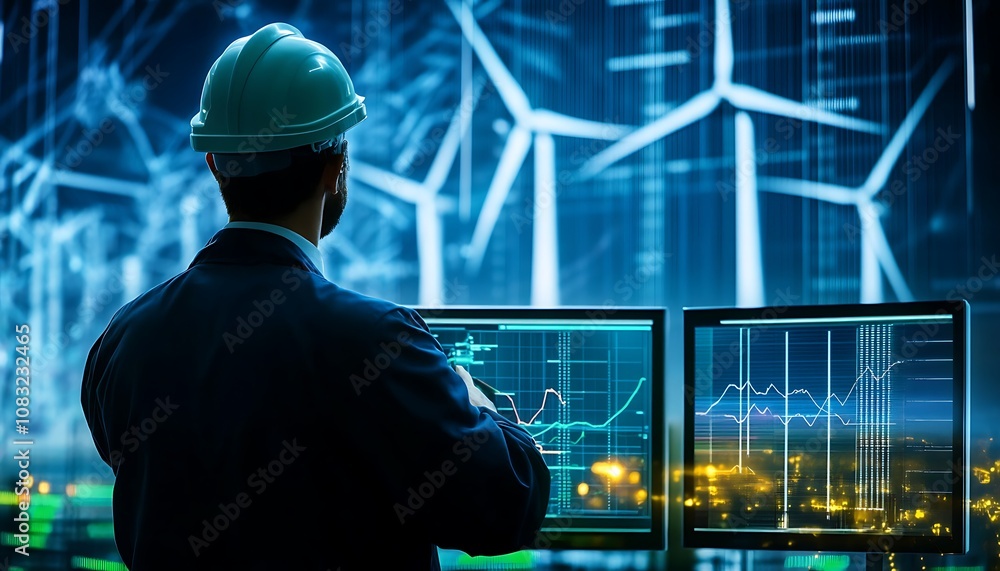 Poster engineer analyzing data on screens with wind turbines in the background.