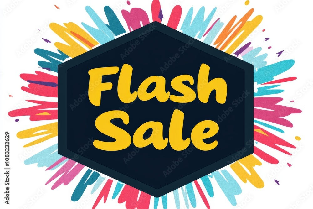 Poster flash sale colorful hexagonal badge design with vibrant bursts of confetti and dynamic typography fo