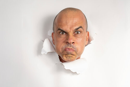 48 year old Brazilian man in casual clothes, only his head on a torn cardboard, showing emotions_6.