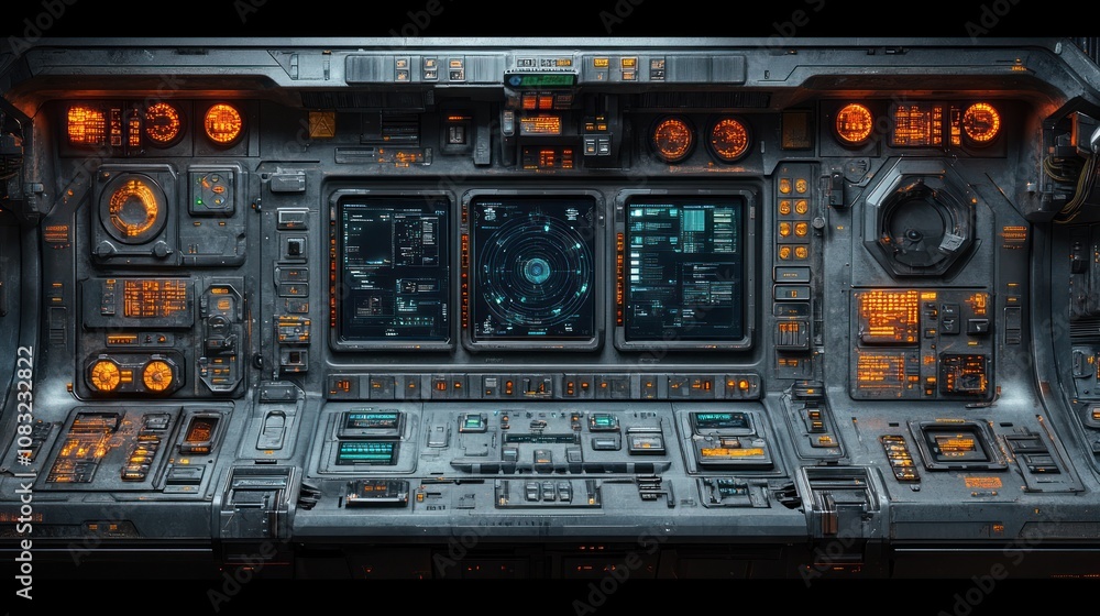 Poster futuristic control panel with screens and various buttons.
