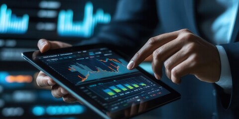 Analyzing financial data trends business office digital analytics modern workspace close-up view data interpretation for strategic decision-making