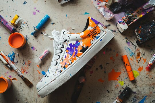 Colorfully painted sneakers among art supplies, creatively showcasing artistic expression on a work table. Generative AI