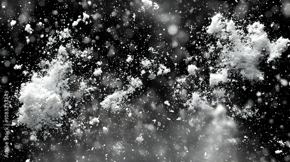 Poster abstract monochrome snow exploding in dark background, winter texture, high-resolution image