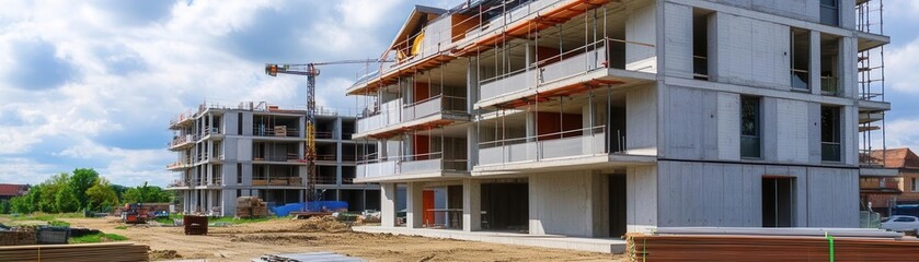 Fototapeta premium Construction progress of modern buildings urban development site real estate photography open air wide angle architectural innovation
