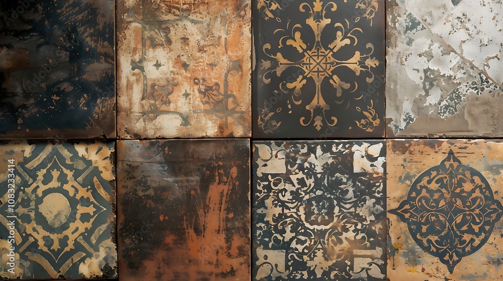Poster close-up of a wall covered with rustic ceramic tiles with intricate patterns and design.