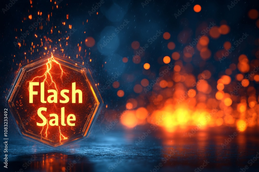 Aufkleber flash sale glowing orange and red hexagonal badge with sparkling bokeh lights and deep black backgro