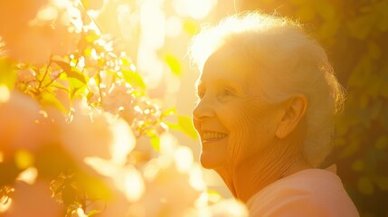 Fototapeta premium Radiant Elderly Woman Smiling While Gardening in Soft Light - A Portrait of Joy and Contentment