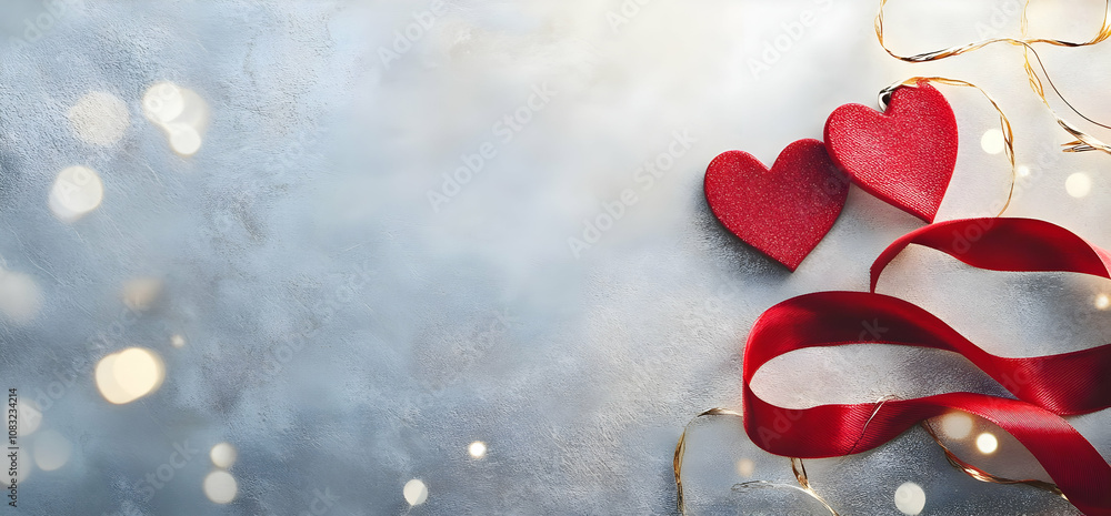 Aufkleber a romantic scene featuring red hearts and ribbon on a textured background with soft bokeh.