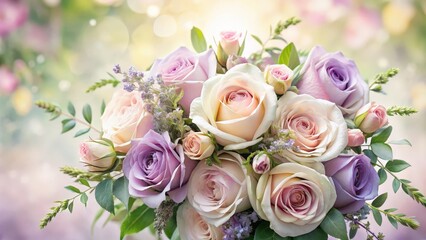 Obraz premium A delicate bouquet of pastel roses, showcasing soft hues of lavender, pink, and cream, capturing the essence of a springtime celebration.